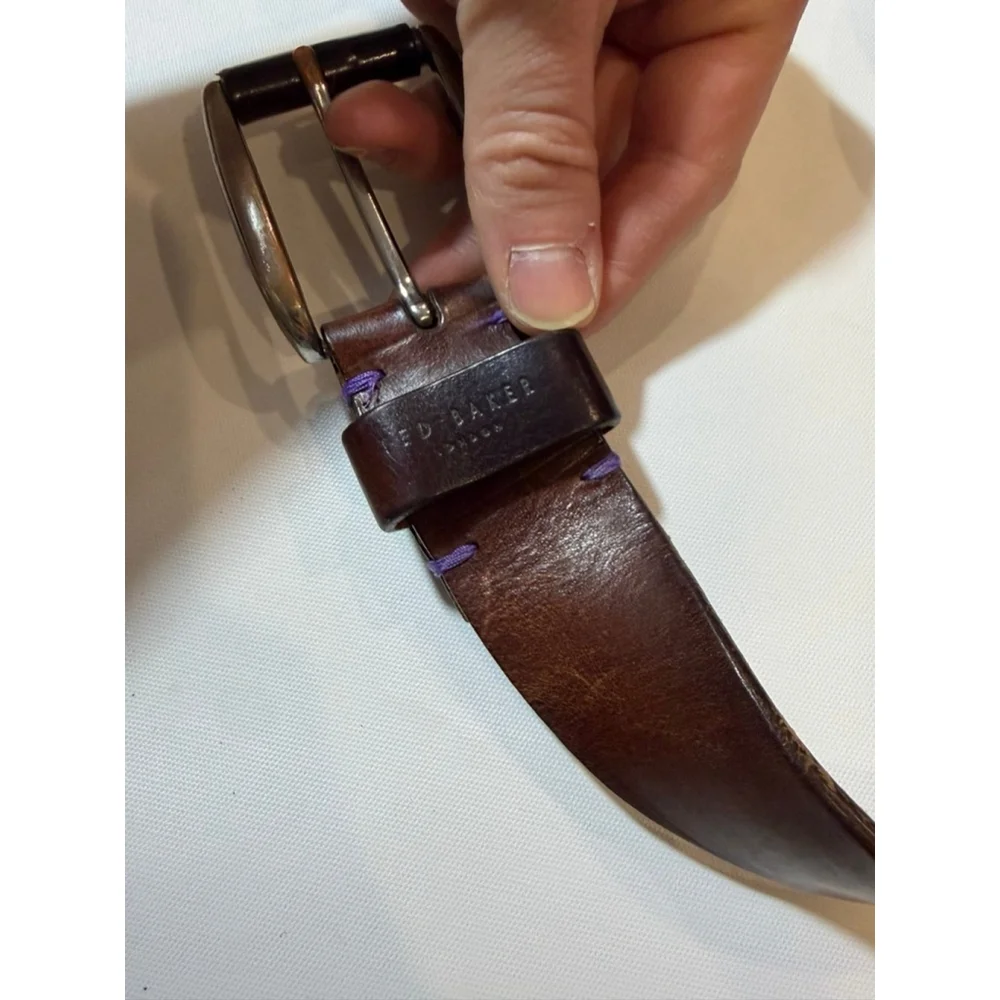 Ted Baker London Brown Leather Belt Purple Stitch Size 38 Classic